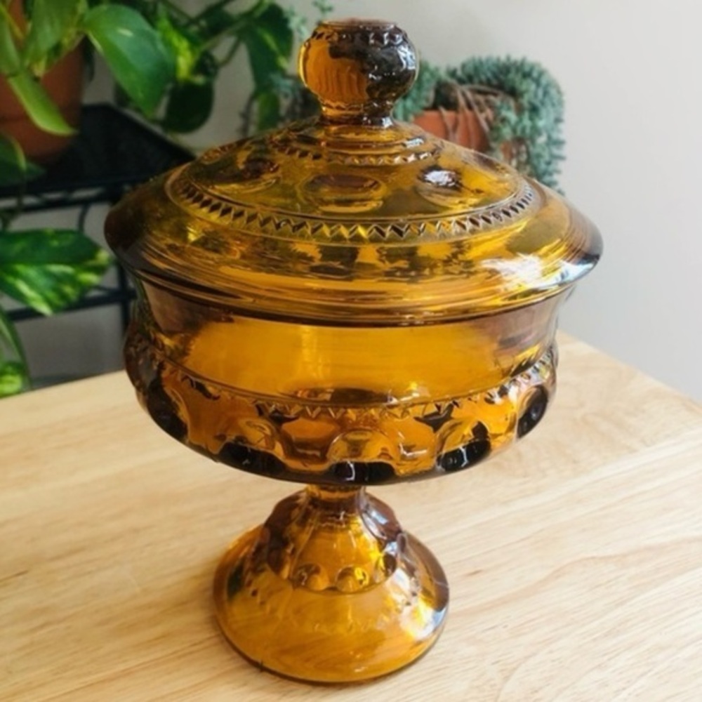 Indiana Glass King’s Crown Golden Amber Compote Thumbprint Pedestal Dish Vintage - Picture 2 of 11